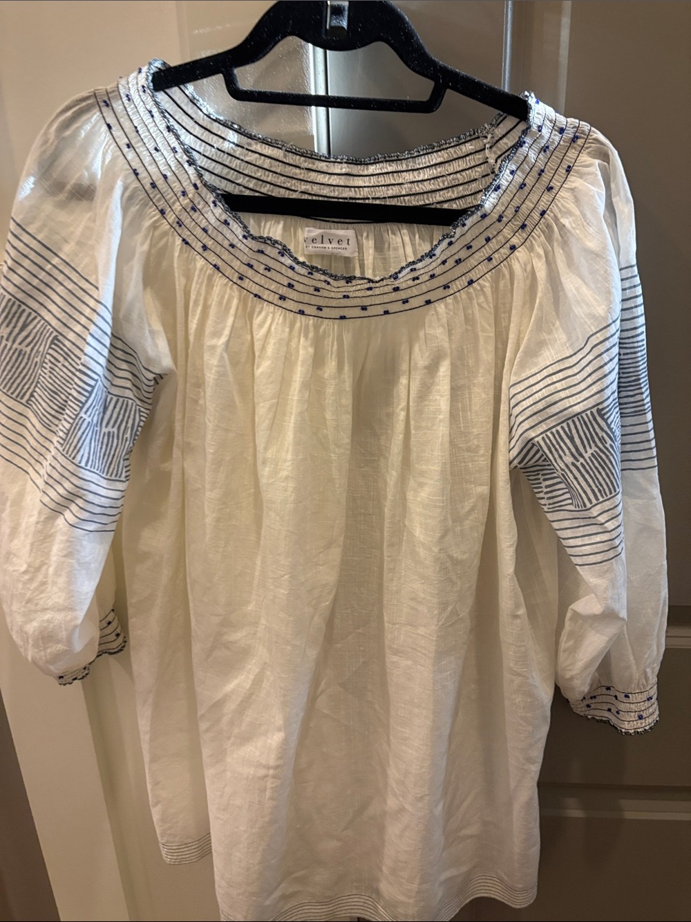 Velvet Ivory Peasant Blouse with Navy Embroidery